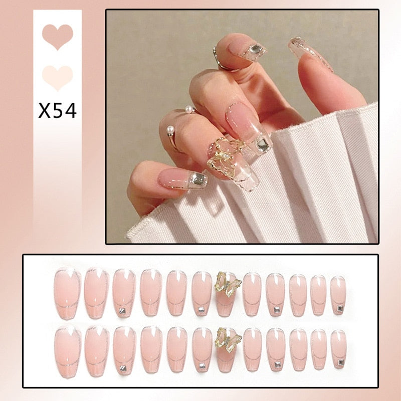 24pcs Butterfly decorated false nails Removable Long Manicure press on nail tips full cover acrylic