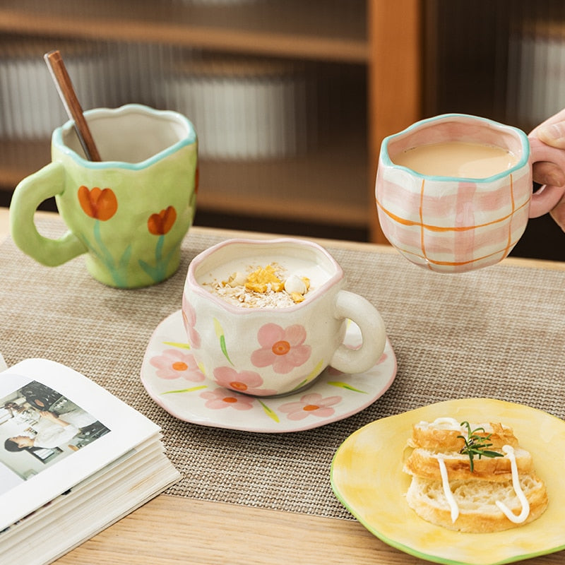 Hand-painted Flower Ceramic Coffee Cup Home Office Mug With Saucer Breakfast Milk Juice Tea Handle Cup Microwave Safe