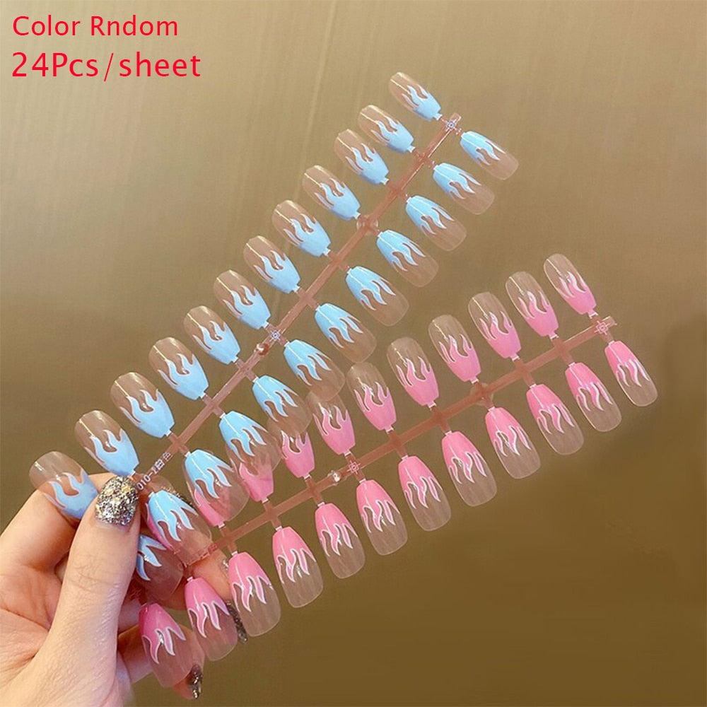 24Pcs/Box Almond Round Wavy False Nails Detachable Stiletto Fake Nails Full Cover French Ballerina Nail Tips Press On Nails