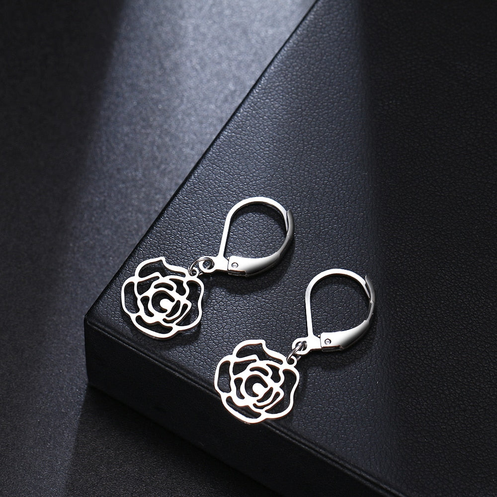 Rose Flower Chic style Gold Earrings Dangle Stainless Steel Temperament Earring Jewelry