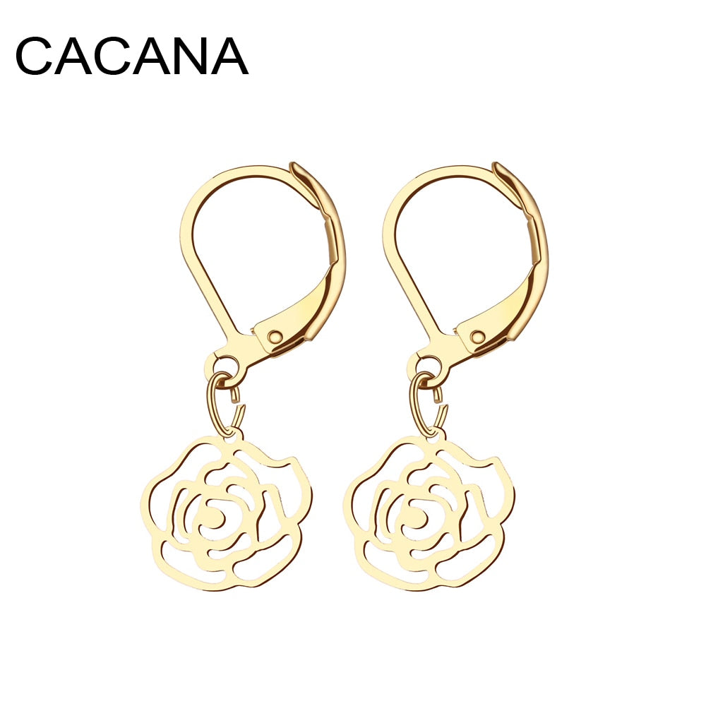 Rose Flower Chic style Gold Earrings Dangle Stainless Steel Temperament Earring Jewelry