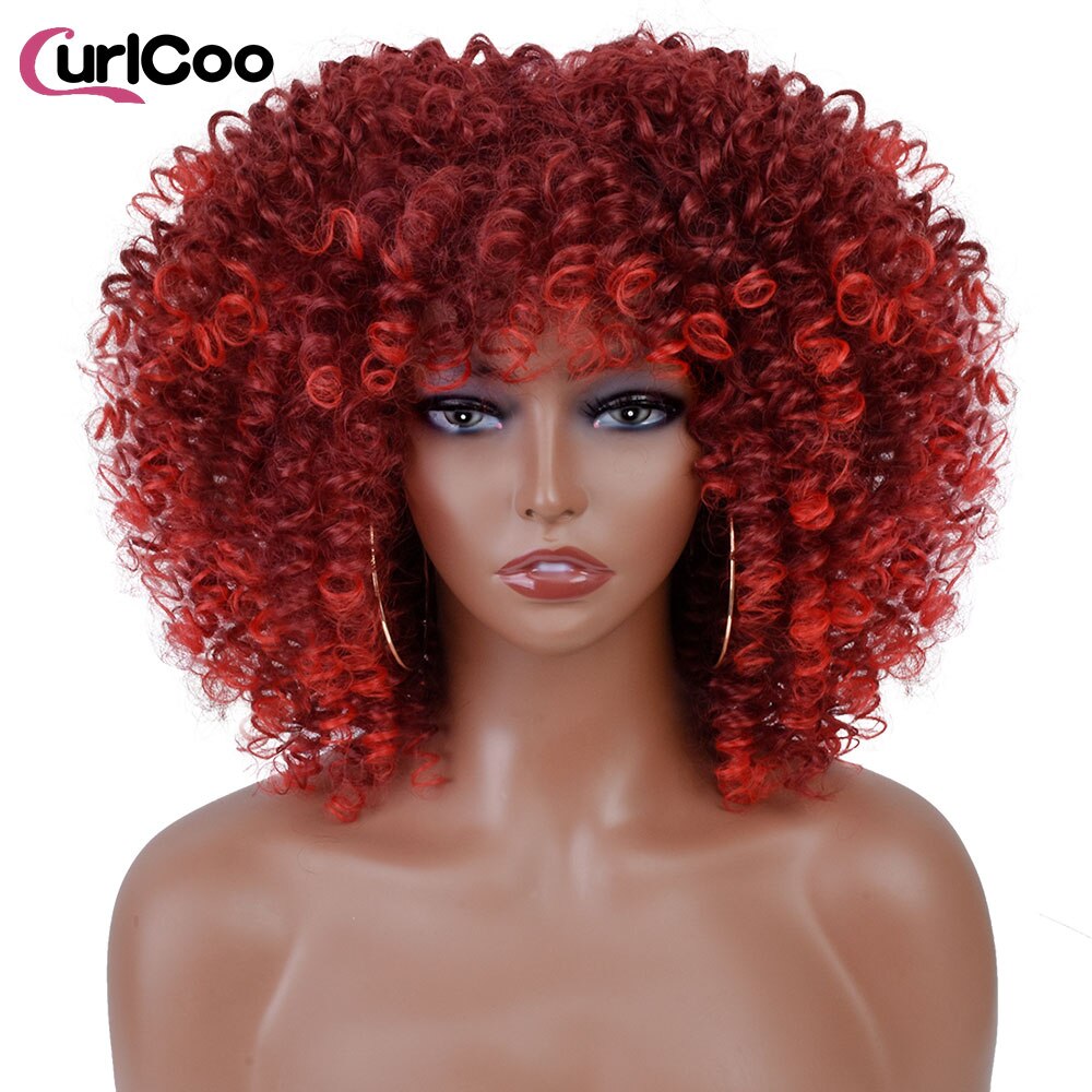 Short Afro Kinky Curly Wigs With Bangs For Women Synthetic Ombre Natural Heat Resistant Hair Brown Cosplay Highlight Wigs