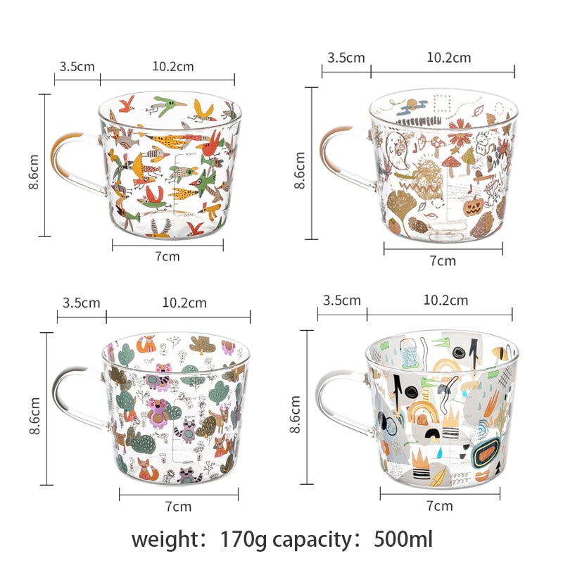 500ml Cartoons Scale Glass Mug Breakfast Mlik Coffee Cup Household Couple Water Mug Teacup Heat Resistance