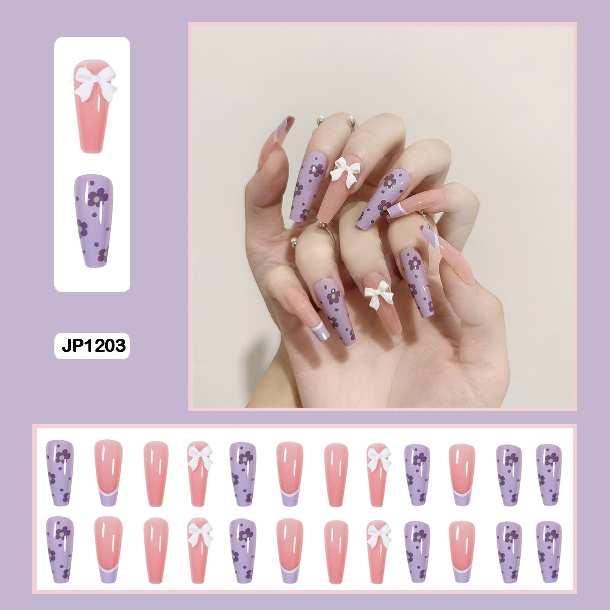 3D bow flowers sweet heart shaped long trapezoidal wearable nail fake nails