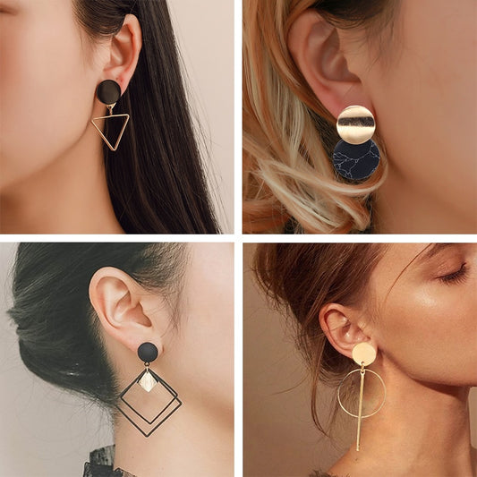 Korean Statement Black Acrylic Drop Earrings Jewelry Vintage Geometric Gold Asymmetric Earring