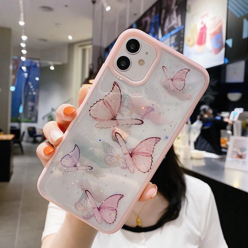 Phone Case For iPhone 12 11 Pro Max X XR XS 6S 7 8 Plus 12 mini Luxury Glitter Bling Star Butterfly Candy Color Clear Soft Case