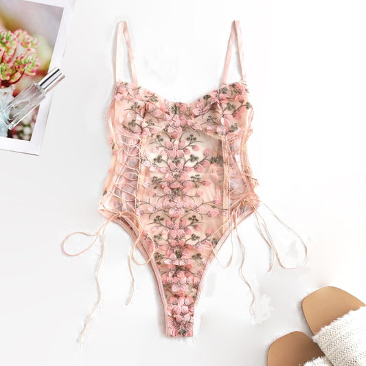 Women Teddy lingerie Sexy Underwear Erotic Corset Lace Mesh Sleepwear Nightwear  Embroidered strap one-piece sexy pajamas