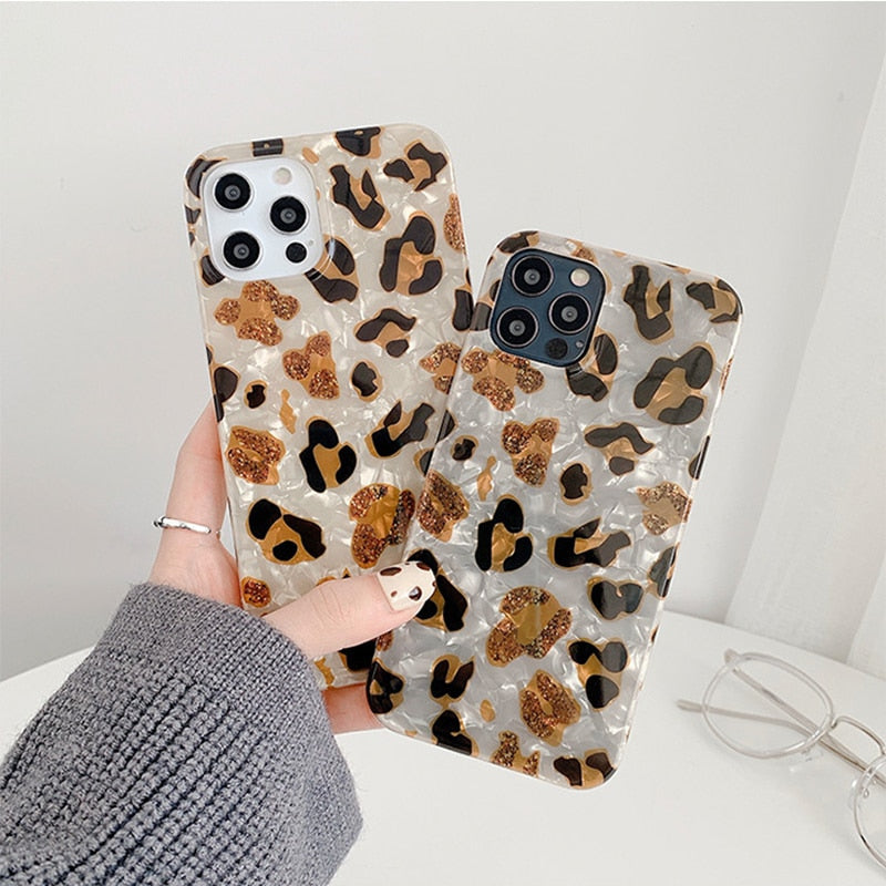 Glitter leopard print phone Case For iphone 13 11 12Pro Max X XR XS Max 7 8 Plus shockproof silicone case protective cover