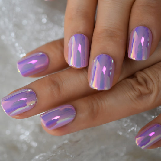 Nails Series Pink Purle Short Chrome Holographic Press On Nails Square Natural Shape Charming Manicure Tips 24pc