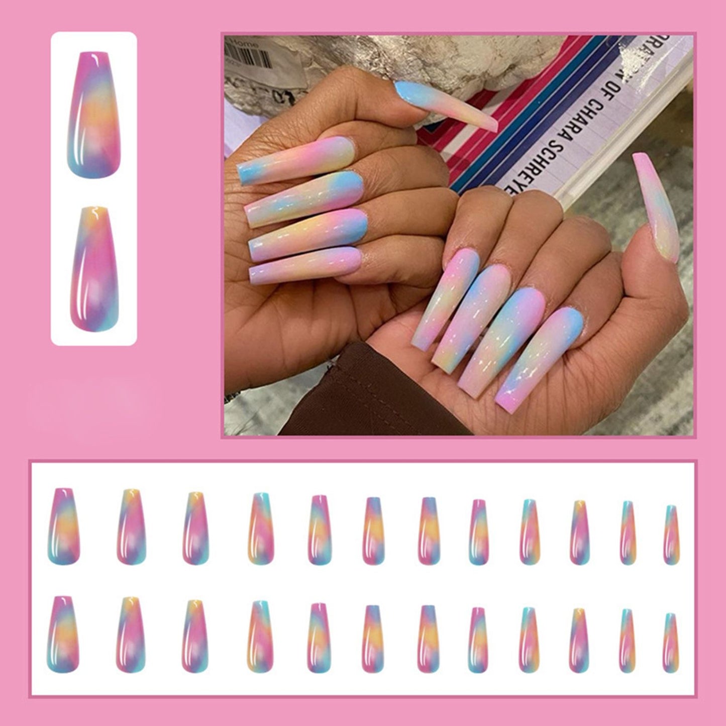 24Pcs False Nails Extra Long Pink Gradient Coffin Fake Nails With Rhinestone Manicure Ballerina Nail Art Tips Press on Nails