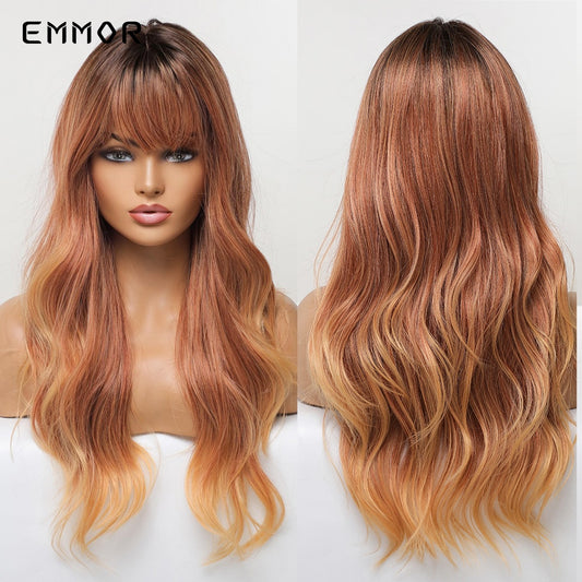 Synthetic Ombre Brown to Ginger Wigs Natural Blonde Wavy Hair Wig for Women Cosplay Orange-brown Daily Wigs with Bangs