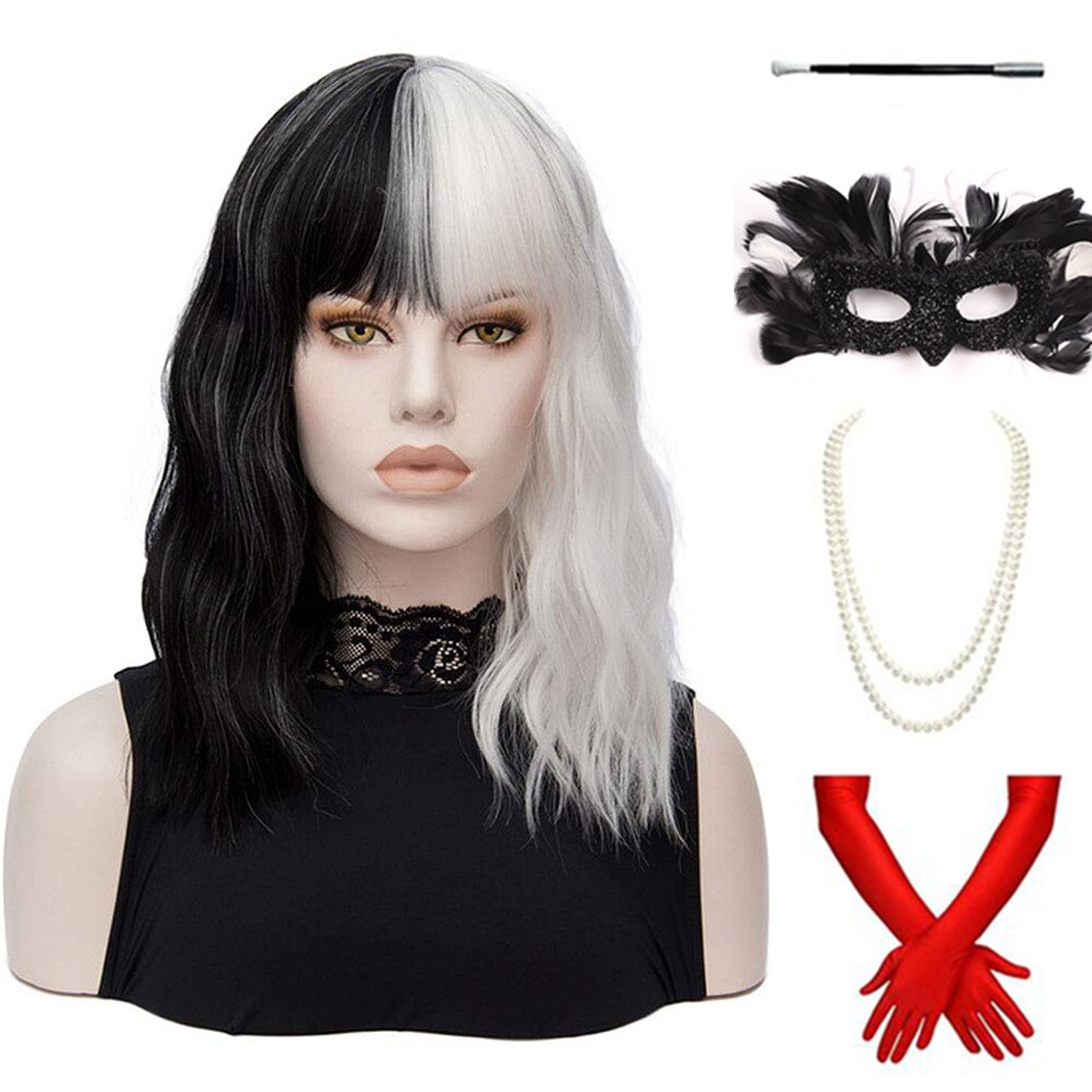 Cruella De Vil Kuila Half Black Half White Short Curly Hair Bangs Bob Cosplay Halloween Costume Synthetic Ladies Wig