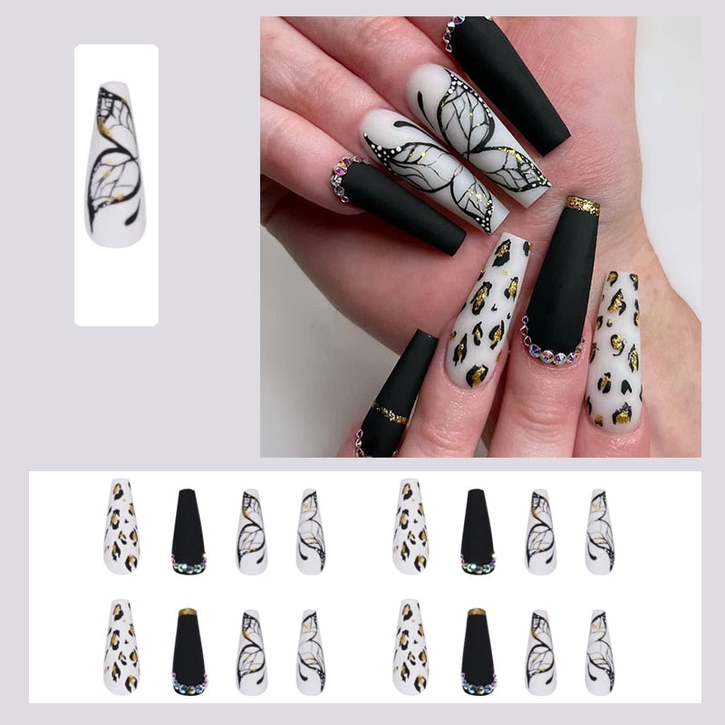 24pcs False Nails Nude Gradient Nail Patch Rhinestone Inlaid Press On Nails Removable Long Manicure nail tips