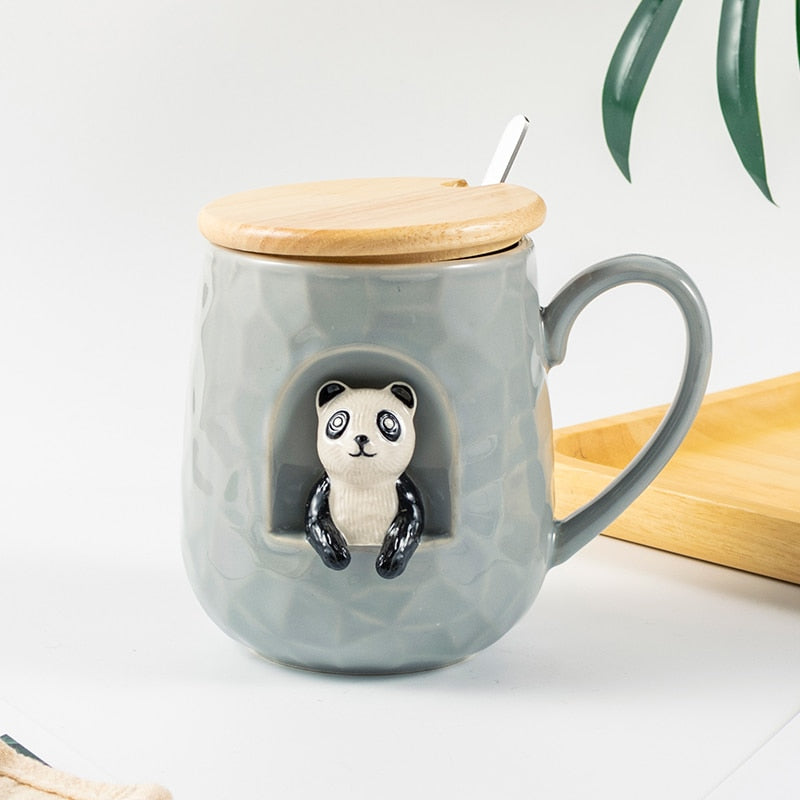 430ml Cute Animals Relief Ceramics Mug With Lid and Spoon Coffee Milk Tea Handle Cup Gifts