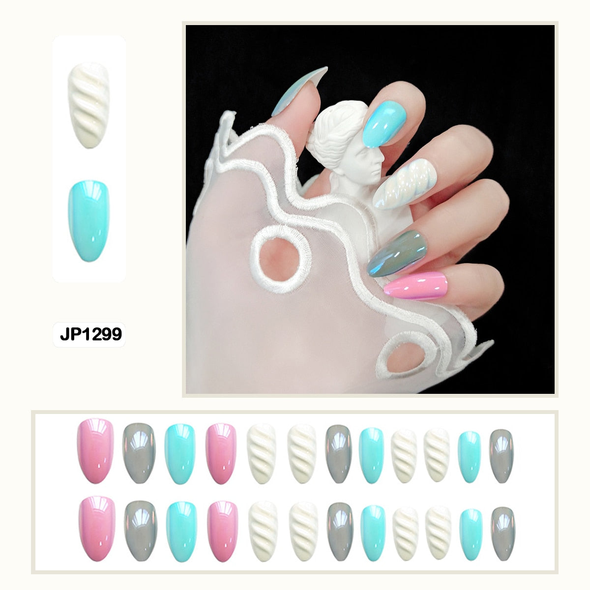 Mermaid Color Auroral Color Shell Fairy Fake Nail Art Wearable False Nails With Glue And Sticker 24pcs/box