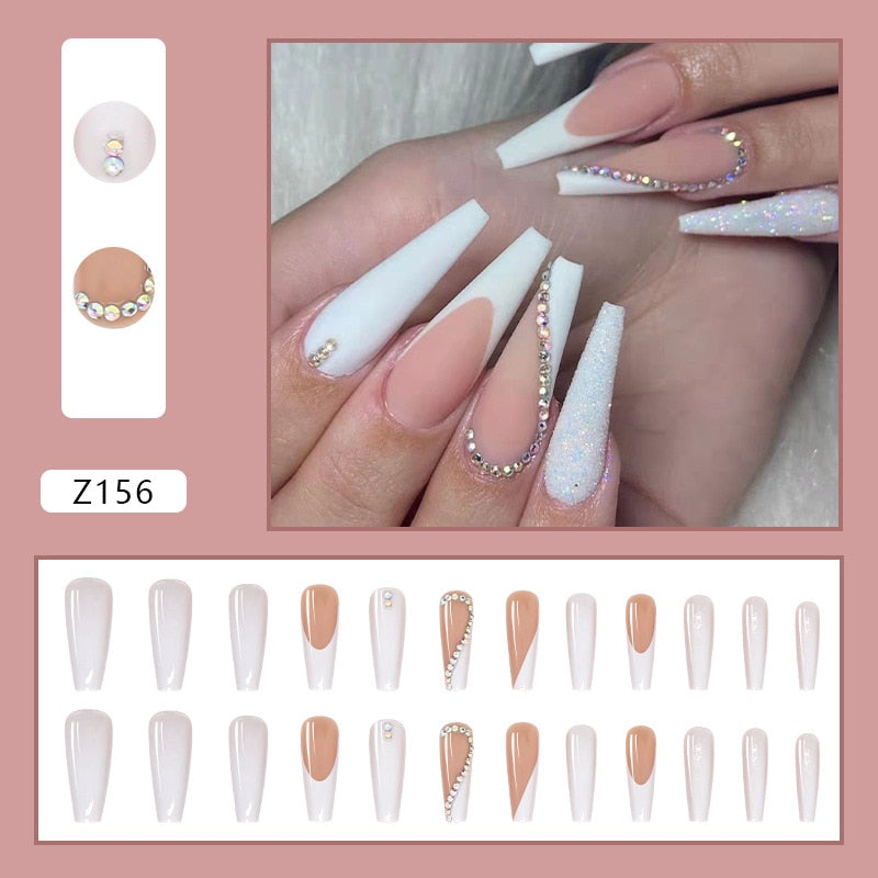 24pcs False Nails Nude Gradient Nail Patch Rhinestone Inlaid Press On Nails Removable Long Manicure nail tips