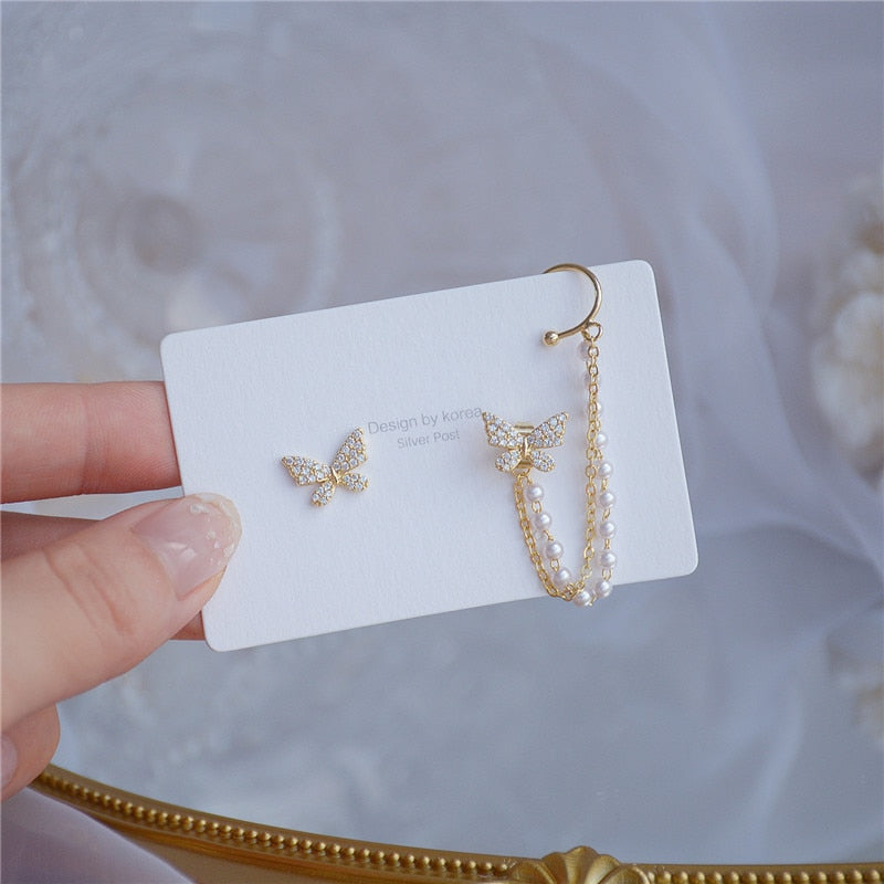 Geometric Butterfly Clip Earring Ear Cuffs Cool Jewelry Retro Chain Long Hanging Metal Gift