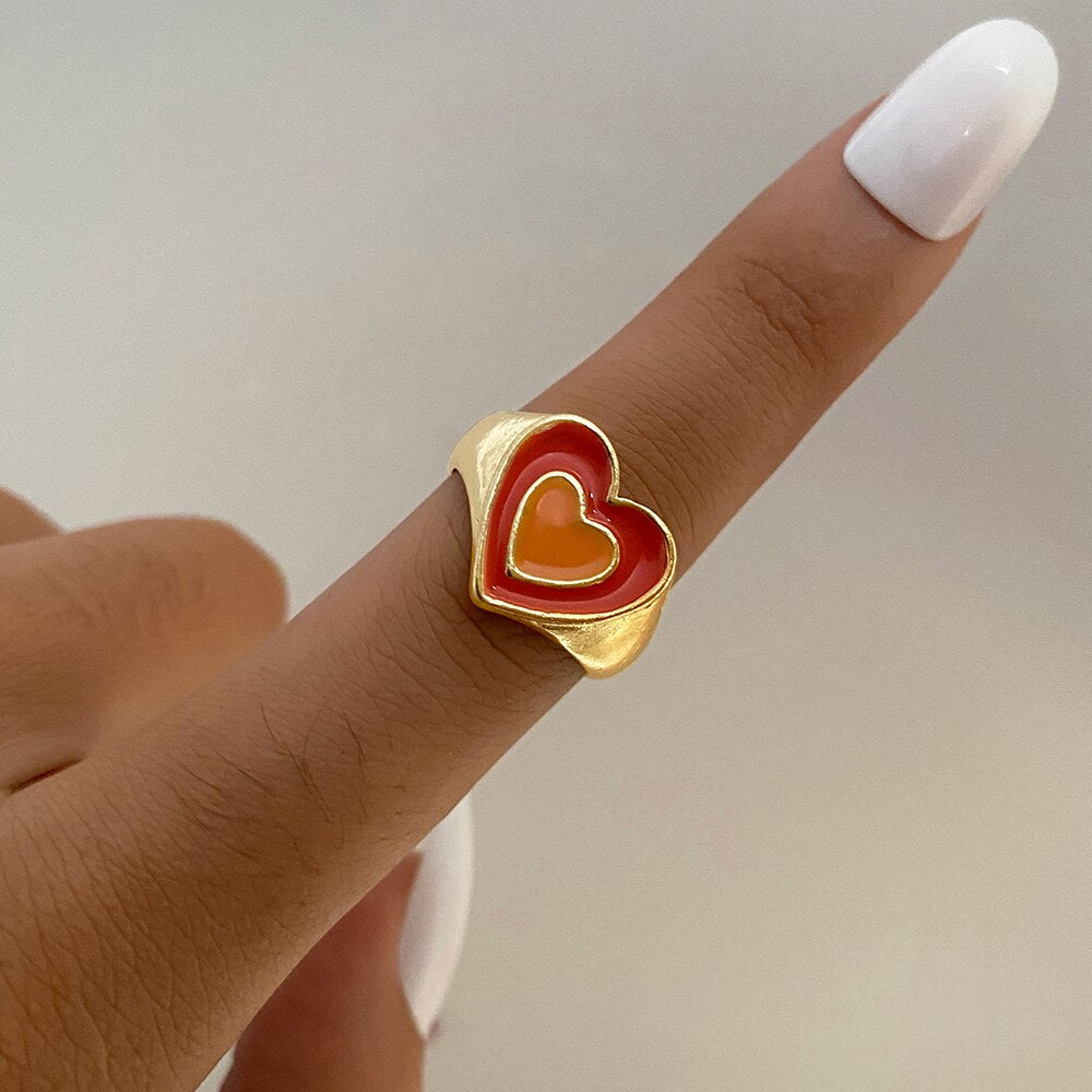 Colorful Ring for Women Glossy Dripping Love Heart Rings Peach Heart Ring Exquisite Wild