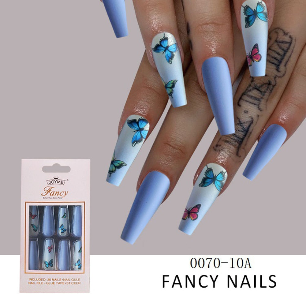 1 Box False Nails with Blue Butterfly Designs Long Coffin Ballerina Fake Nails Artificial Nail Art Tips Press On Nail with Glue