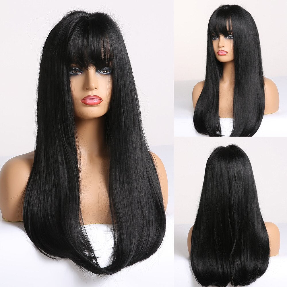 Black Bob Hair Wigs Medium Straight Synthetic Wig with Bangs Cosplay Wig Heat Resistant