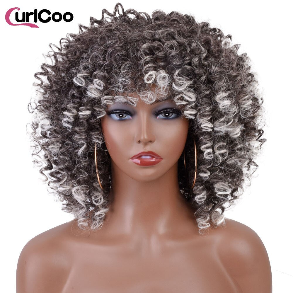 Short Afro Kinky Curly Wigs With Bangs For Women Synthetic Ombre Natural Heat Resistant Hair Brown Cosplay Highlight Wigs