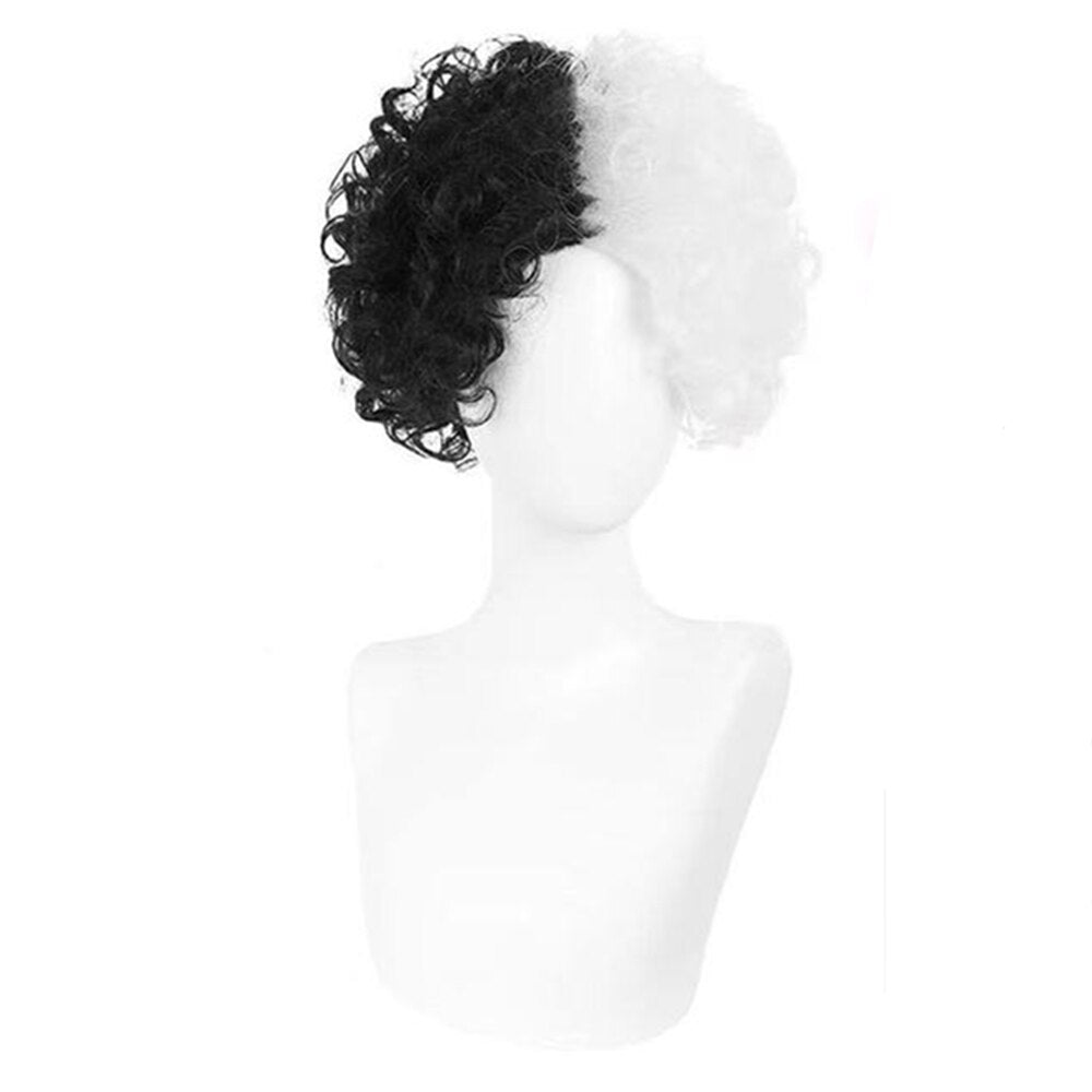 Cruella De Vil Kuila Half Black Half White Short Curly Hair Bangs Bob Cosplay Halloween Costume Synthetic Ladies Wig