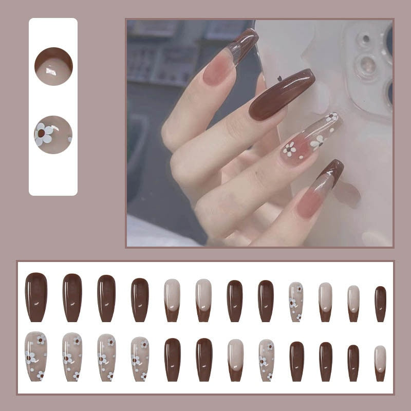 24pcs False Nails Nude Gradient Nail Patch Rhinestone Inlaid Press On Nails Removable Long Manicure nail tips