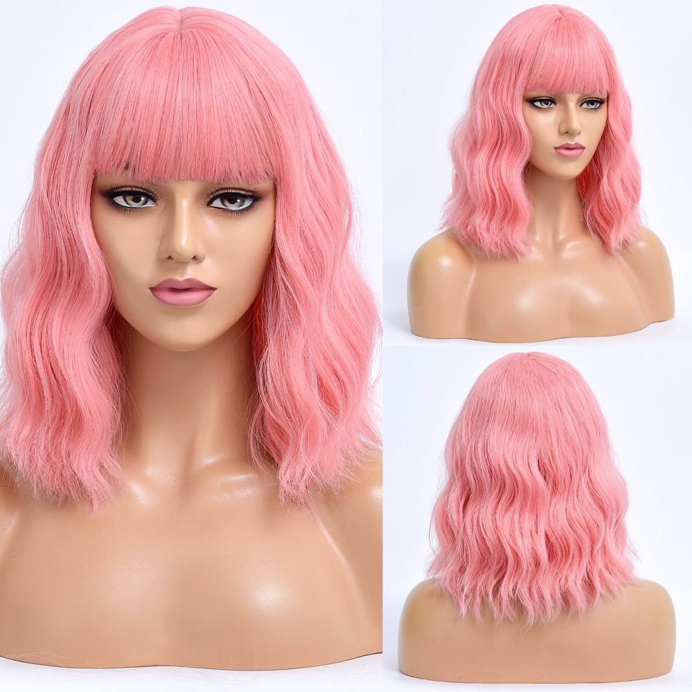 Short Bob Synthetic Wig Ombre Pink Water Wave Hair Wigs With Bangs Cosplay Lolita Heat Resistant Natural Hair