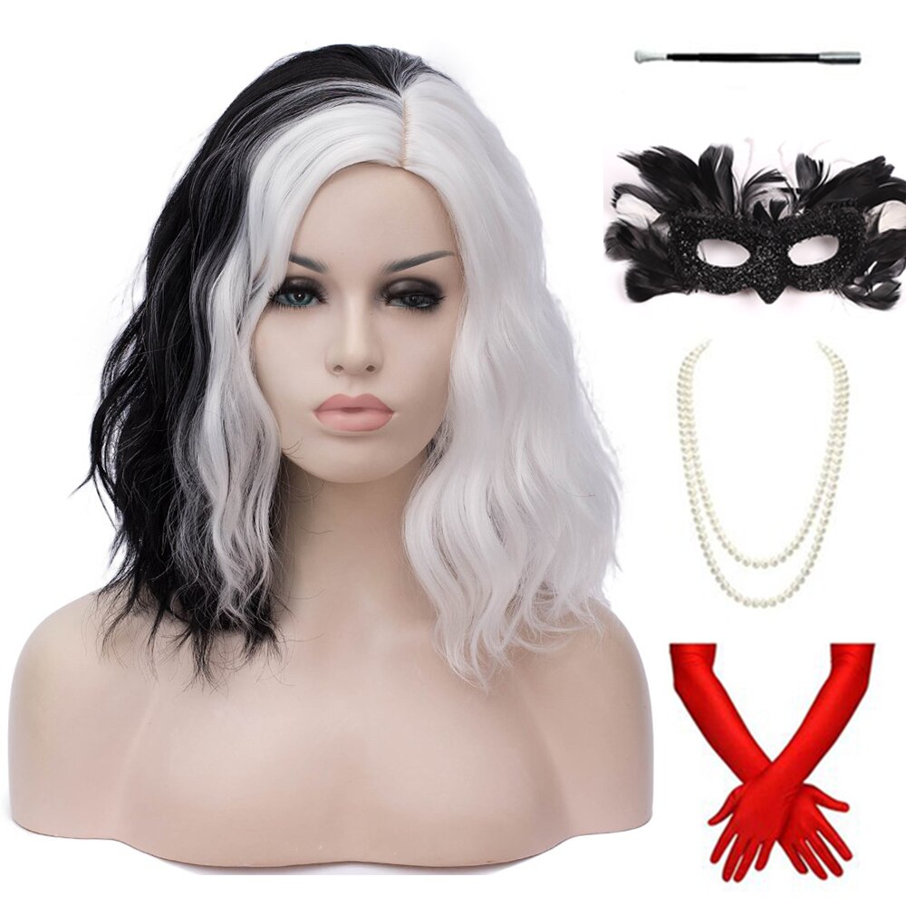 Cruella De Vil Kuila Half Black Half White Short Curly Hair Bangs Bob Cosplay Halloween Costume Synthetic Ladies Wig