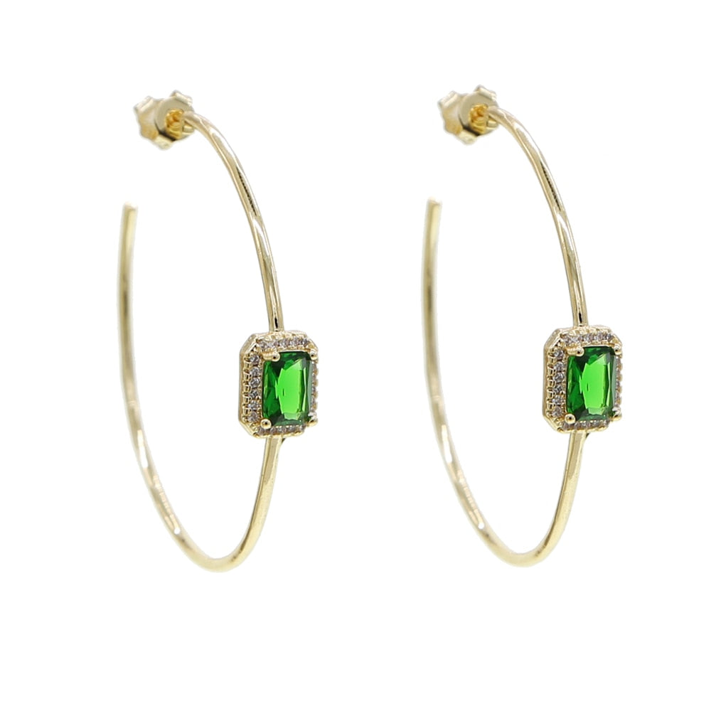 Gold color green baguette cz hoop earring big round circle hoop jewelry