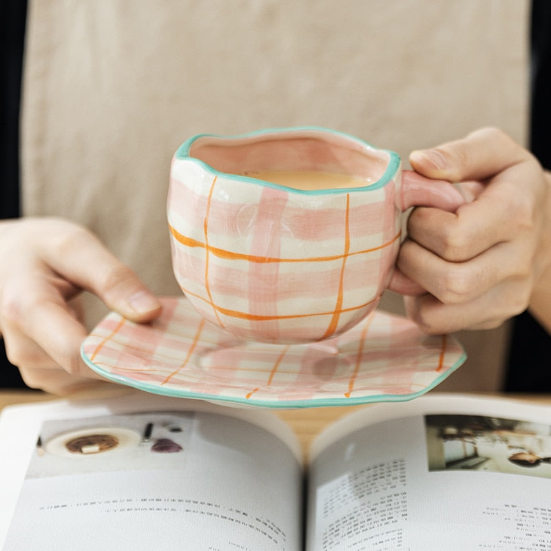 Hand-painted Flower Ceramic Coffee Cup Home Office Mug With Saucer Breakfast Milk Juice Tea Handle Cup Microwave Safe