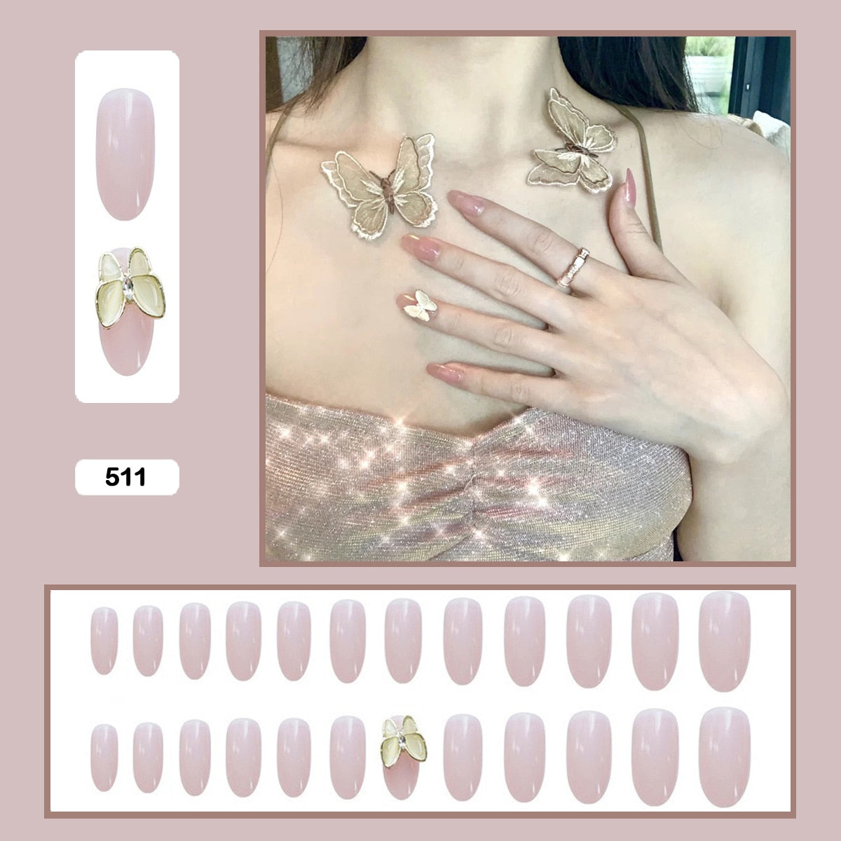 24pcs Stereoscopic Butterfly Light Luxury Elegant Nude Lady Style Removable False Nail Manicure Tool