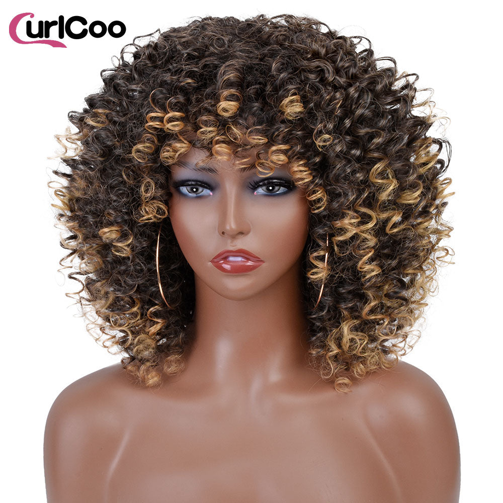 Short Afro Kinky Curly Wigs With Bangs For Women Synthetic Ombre Natural Heat Resistant Hair Brown Cosplay Highlight Wigs