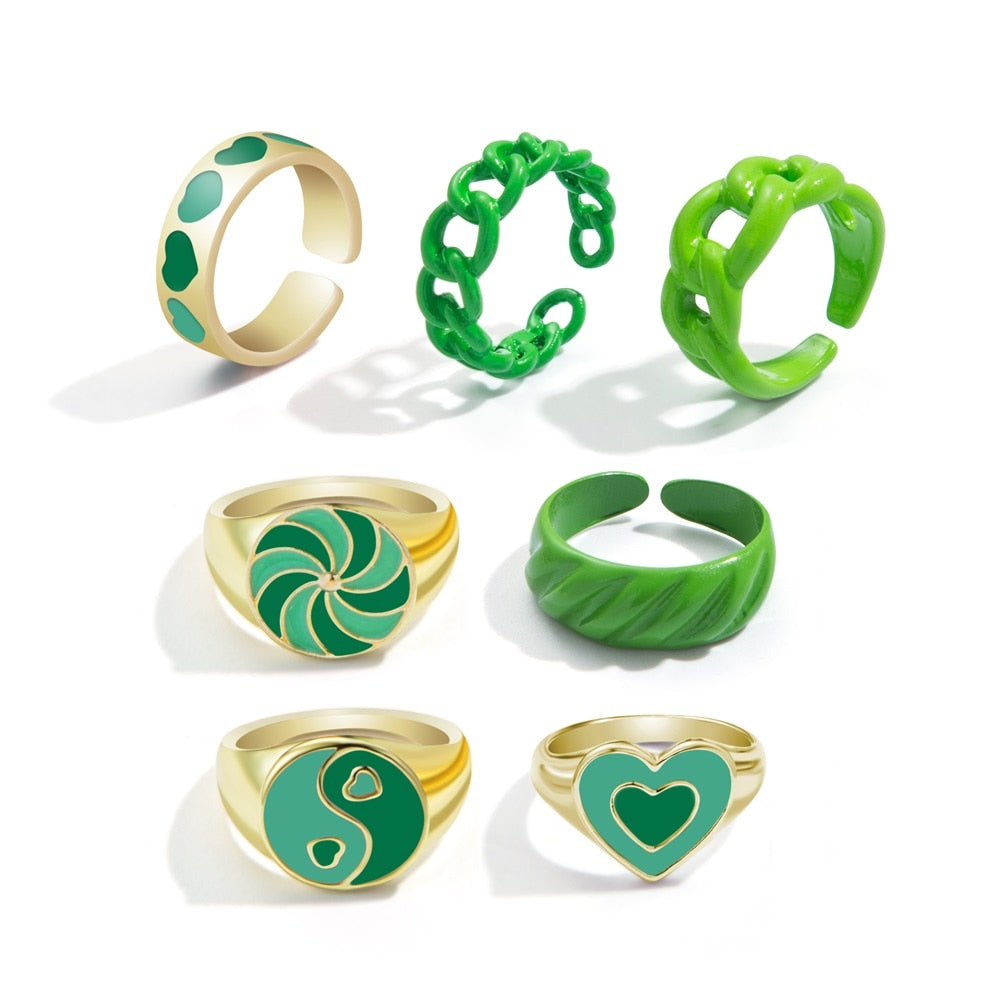 Y2K Style Korean Colorful Resin Chain Rings Set for Women Fashion Colorful Multilayered Heart Ring