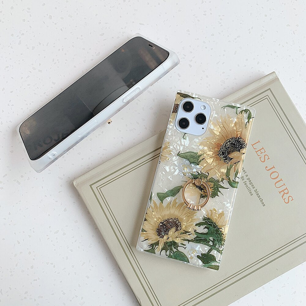 For iPhone 13 Pro Case Sunflower Dream Conch Square Phone Cover With Ring For 12 Pro 11 Pro XS Max XR X 7 8 Plus Soft IMD Case