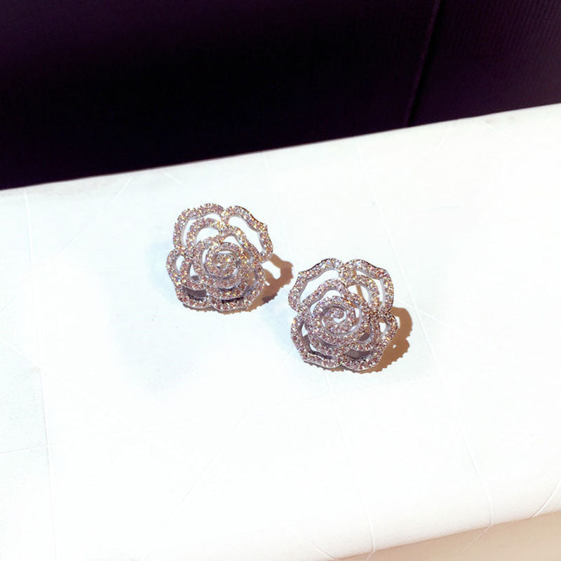 Designers Jewelry Elegant Full Crystal Flower Stud Rose Earring