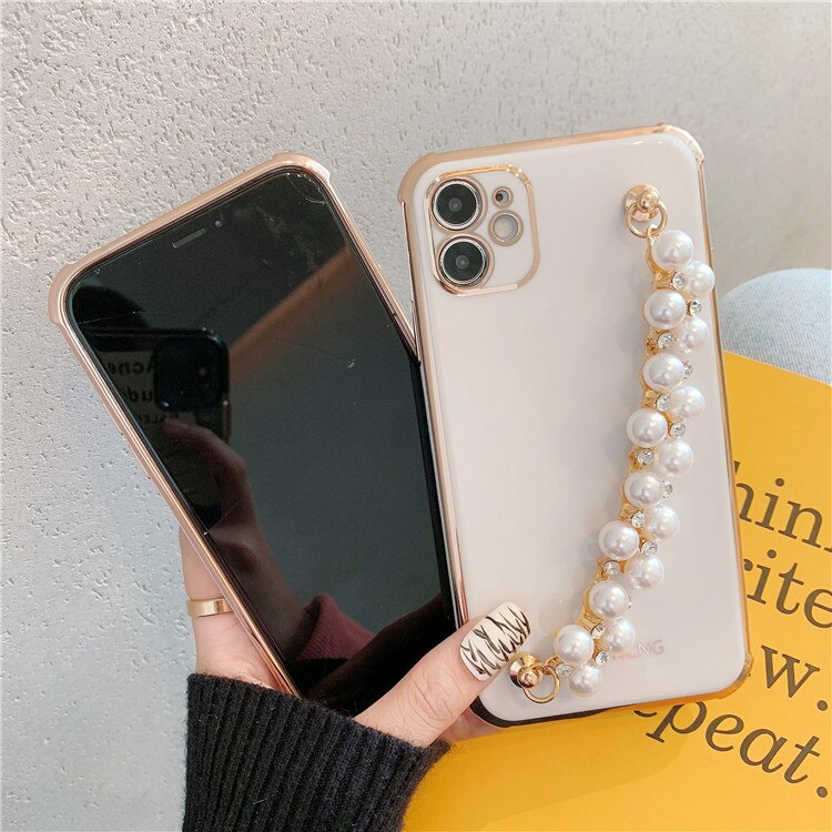 Plating Pearl rhinestone wrist bracelet Soft Phone Case For iPhone 11 12 13 Pro X XS Max 7 8 Plus Wrist Chian Strap phone Coque