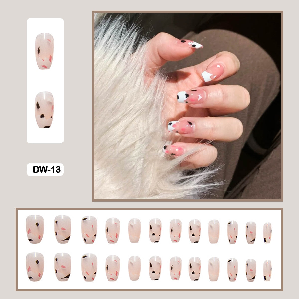 24Pcs Personality Painted Animal Pattern Cow Pattern Leopard Printed Wearable False Nails Fake Nails With Glue And Wearing Tools