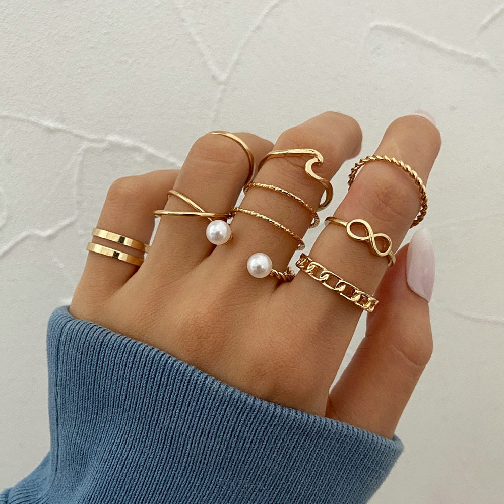 Bohemian Gold Chain Rings Set Boho Coin Snake Moon Star Rings Party Jewelry