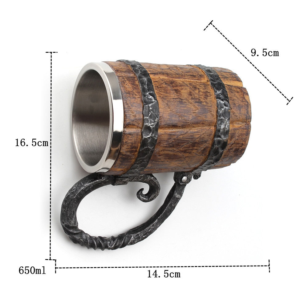 Wooden Barrel Stainless Steel Resin 3D Beer Mug Goblet Game Tankard Coffee Cup Wine Glass Mugs 650ml