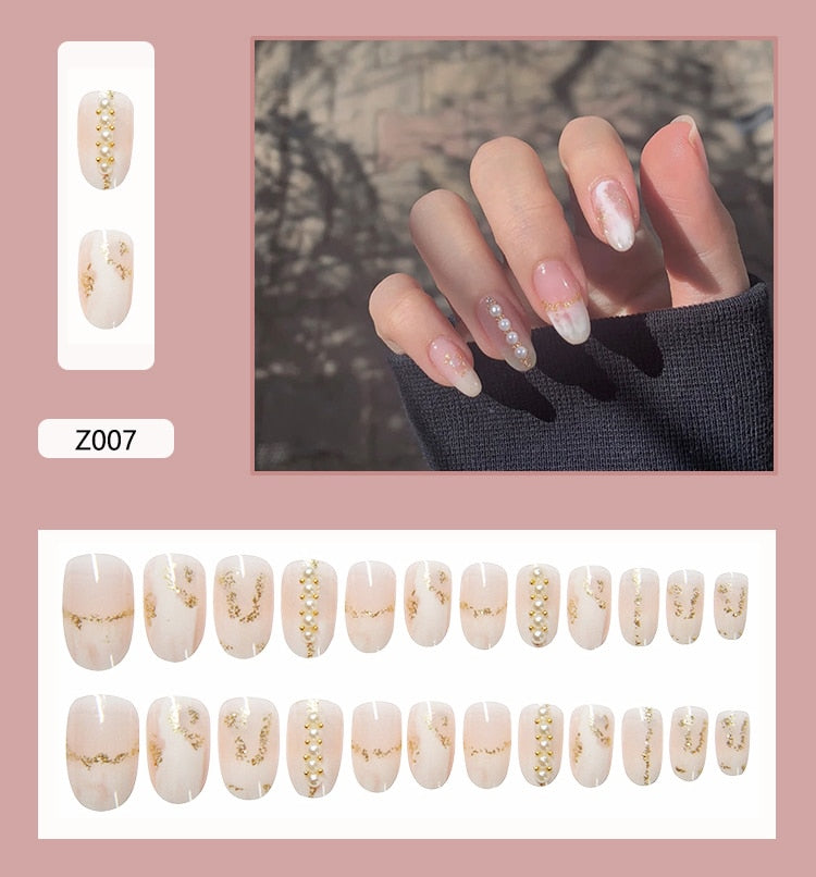 Fairy nail art Pearl decoration Wearable False Nails with glue 24pcs per box with wear tools