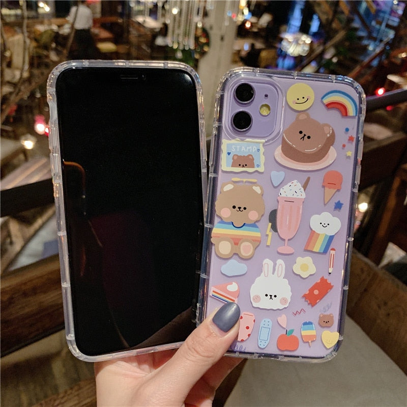 Shockproof Cute Rabbit Bear Phone Case For iPhone 13 12 11 Pro X XS Max XR Clear Cartoon Cover For iPhone 7 8 Plus Soft TPU Case