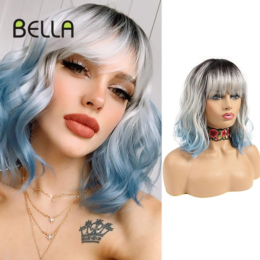 Bella Bob Wig Short Synthetic Wig 12 Inch Omber Blue Hair Curly Bob Wig Heat Resistant Wig With Bangs Cosplay Wig