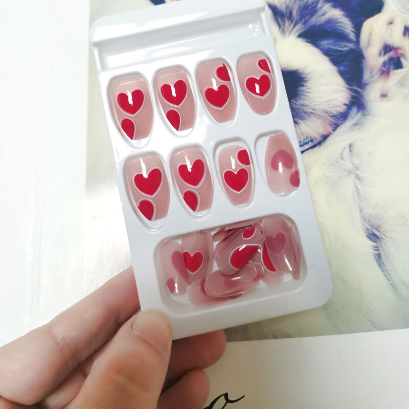 24pcs False press-on nails with a pattern Peach heart wear finished tablet nail art removable Manicure false nails