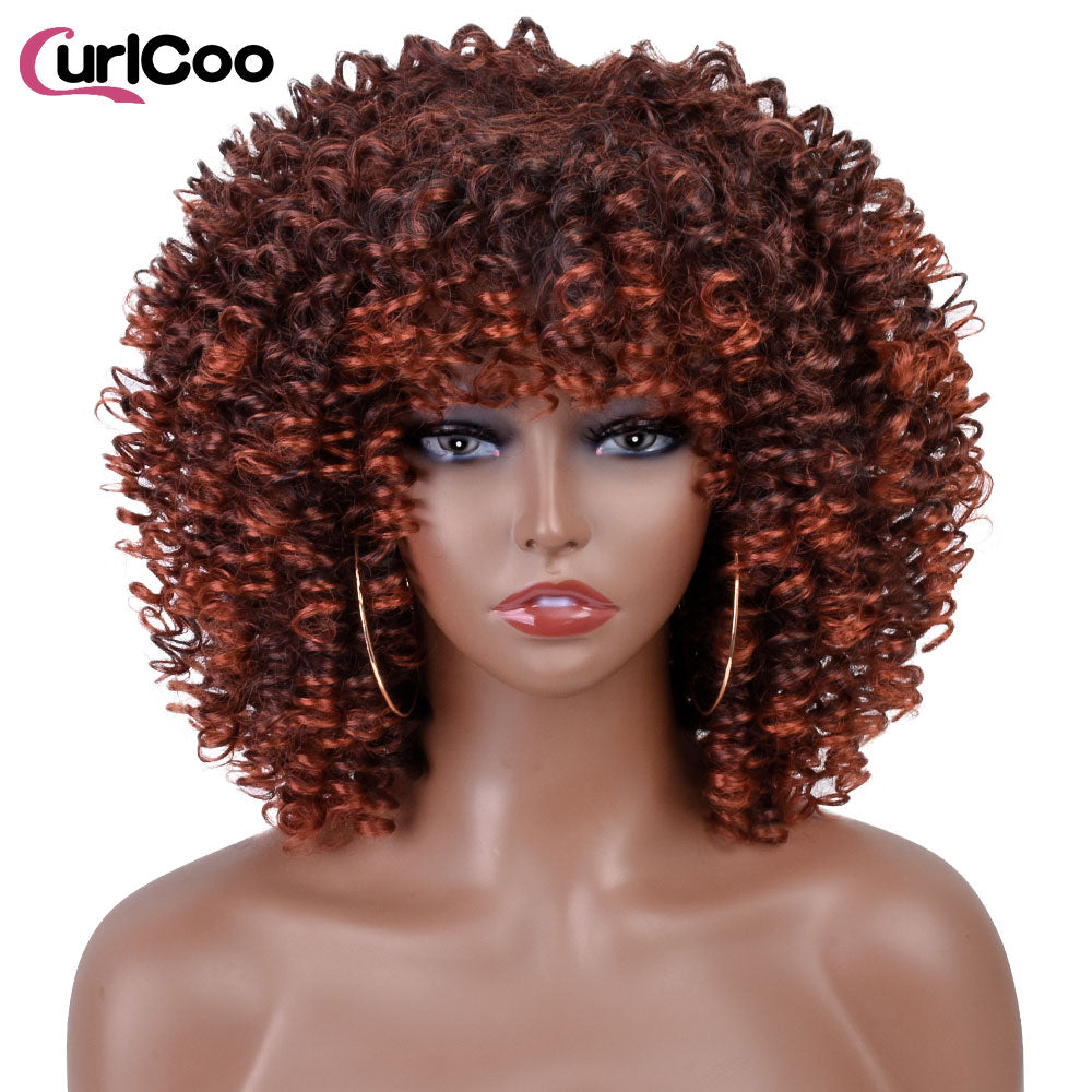 Short Afro Kinky Curly Wigs With Bangs For Women Synthetic Ombre Natural Heat Resistant Hair Brown Cosplay Highlight Wigs