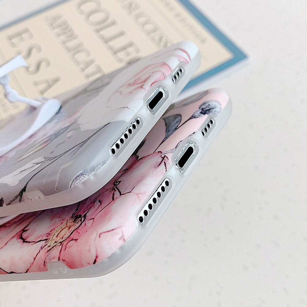 Retro Flower Phone Case With Holder For iPhone 12 11 13 Pro Max XR XS Max 7 8 Plus X Soft IMD Matte Full Body Phone Back Cover