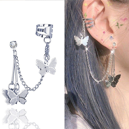 Geometric Butterfly Clip Earring Ear Cuffs Cool Jewelry Retro Chain Long Hanging Metal Gift