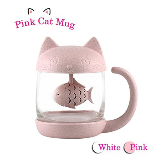 Cat Glass Tea Mug Cup with Fish Tea Infuser Strainer Filter 250ML (White)(Pink)