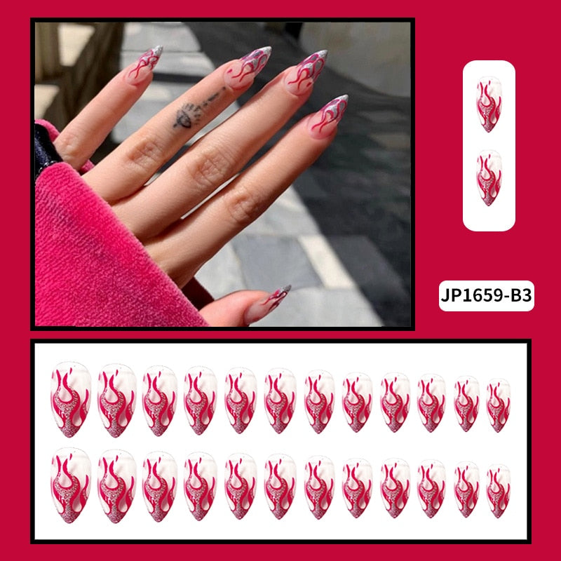 24PCS Dark Punk False Nails with Glue Gradient Long Detachable Fire Stick on Nails Skull Flame  Art DIY Fashion Manicure Tool