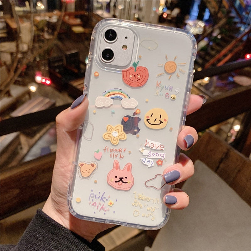 Shockproof Cute Rabbit Bear Phone Case For iPhone 13 12 11 Pro X XS Max XR Clear Cartoon Cover For iPhone 7 8 Plus Soft TPU Case